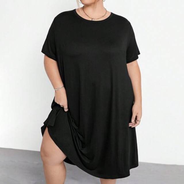 SHEIN Loose Fit Super Plus Size Comfortable Stretchy Long Short Sleeve Black Casual Dress, Basic Versatile Summer