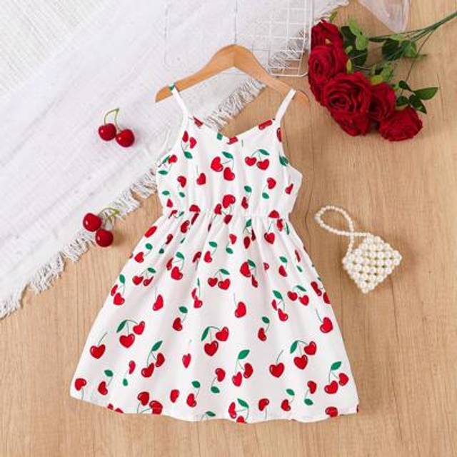 SHEIN Valentine&#39;s Day Heart & Cherry Print Camisole V-Neck Dress For Young Girls