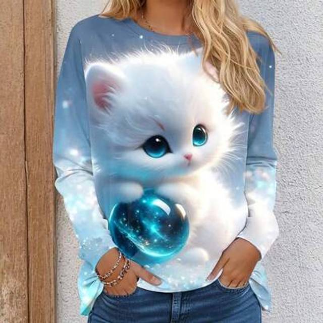 SHEIN Plus Size Cute Cat Print Women&#39;s Fashion Round Neck Long Sleeve T-Shirt