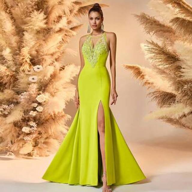 SHEIN Mermaid Scoop Neckline Prom Dress Yellow Spaghetti Deep V Neck Backless Prom Evening Dress,Party Dress,Gown,Formal,Wedding Guest