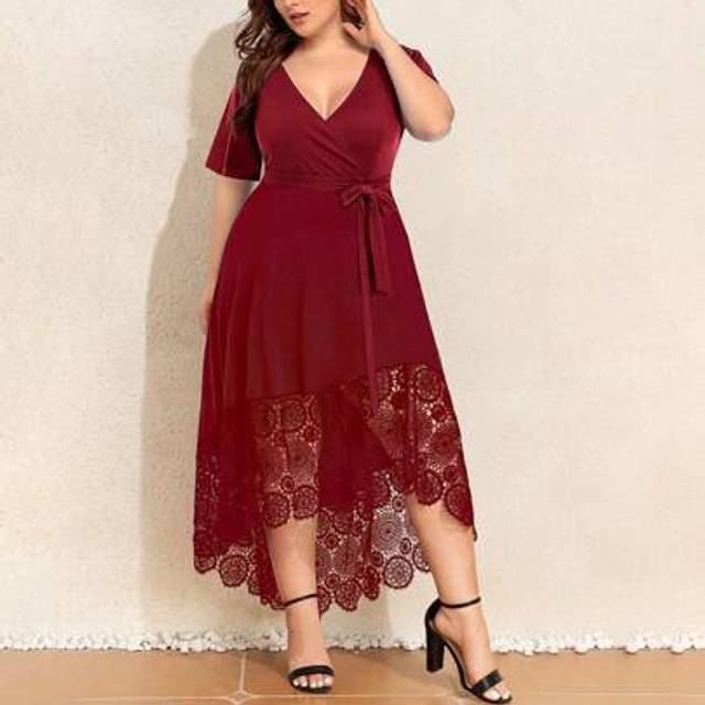 SHEIN Plus Size Women Elegant Concert Party Cocktail Formal Midi Wrap Dress Ladies Lace Hem V Neck Short Sleeve Bow Pockets Gothic Ball Gown