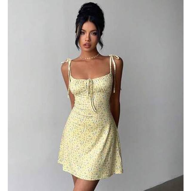 Aloruh Women&#39;s Spring/Summer Vacation Ditsy Floral Bodycon Mermaid Dress,Butter Yellow Dress,Graduation,Teacher Outfits For Women,Teacher Dress
