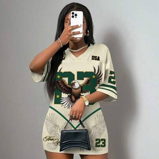 Slaydiva Spring/Summer 2025 Casual & Simple Jersey Dress, Number 23 Eagle Graphic Print Mini Dress For Women, Suitable For Summer Summer Dresses For Women Suit