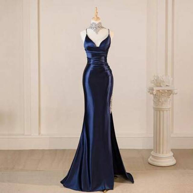 SHEIN Spaghetti Strap Elegant Navy Blue Sexy Deep V-Neck High Slit Fitted Prom Gown Bridesmaid Dress For Party