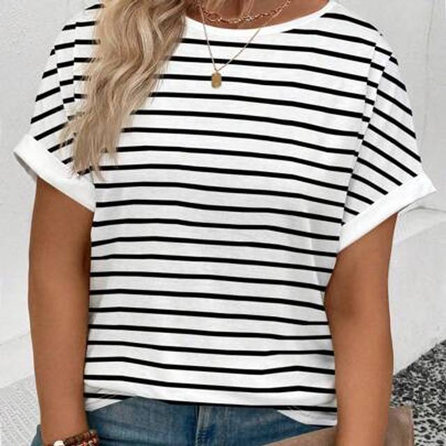 INAWLY Women&#39;s Plus Size Round Neck Short Sleeve Striped Print Casual Versatile T-Shirt, Spring/Summer
