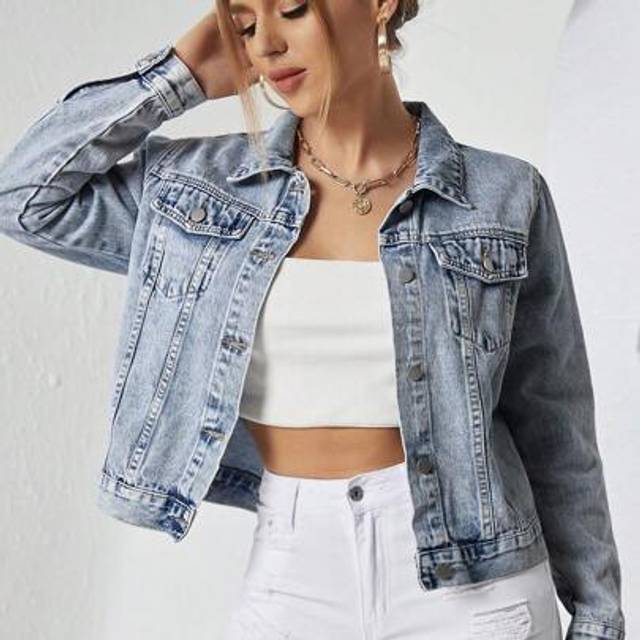 SHEIN Women&#39;s Casual Dark Wash Denim Jacket With Collar, Long Sleeves, And Pockets - Regular Length And Fit For Everyday Style
