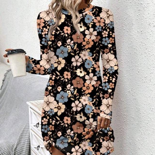 SHEIN Women&#39;s Casual Vintage Floral Pattern Round Neck Long Sleeve Dress, Suitable For Spring & Autumn & Winter Boho