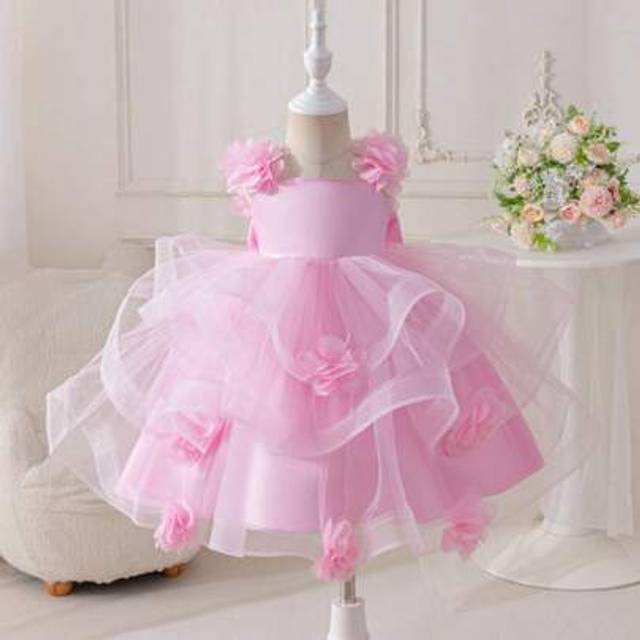 SHEIN Girl&#39;s Cute Floral Tulle Draped Party Dress, Bowknot On Back For Birthday Party, Pink