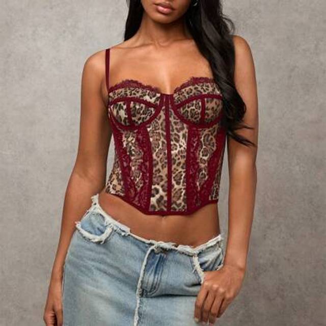 SHEIN Women&#39;s Leopard Print Mesh Patchwork Lace Trim Sexy Camisole, Versatile For Going Out, Date Night, Theme Parties, Raves, Corset Top, Concert Outfits,R