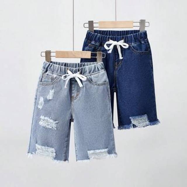 SHEIN 2pcs/Set Young Boys Dark Blue & Light Blue Distressed Ripped Baggy Denim Long Shorts Set,Leisure And Versatile For Boys Spring/Summer Indoor/Outdoor C