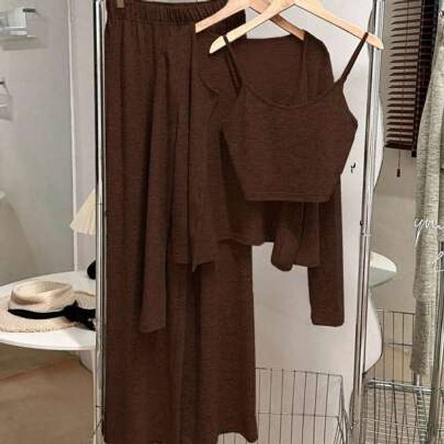 Calvaya 3-Piece Set: Casual Everyday Layering Cami Top & Jacket & Elastic Waist Straight Leg Pants, Knit Brown Color For Women, Autumn/Winter