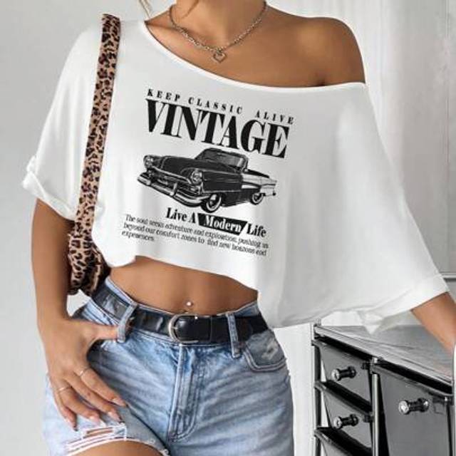 SHEIN Women Casual Retro Car Print Off Shoulder Short Tee, Loose & Oversized Style Suitable For Summer Off The Shoulder Top