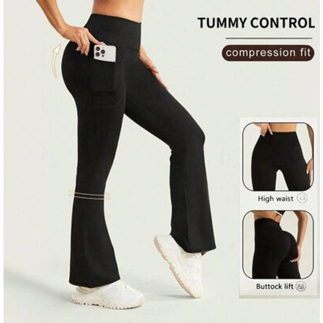 SHEIN Women&#39;s Solid Basic Daily Casual Sports Flared Pants With Pockets