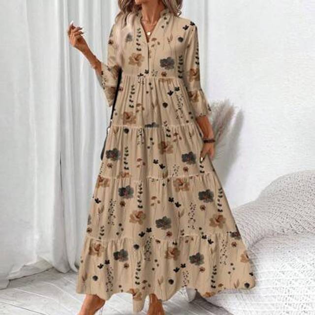 Luneh Elegant Casual Vintage Floral Pattern Women&#39;s V-Neck Drawstring Waist Long Sleeve Loose Maxi Dress, Suitable For Spring/Summer, Plus Size, Suitable Fo