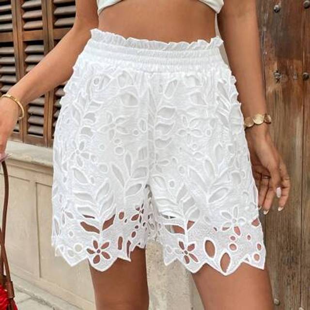 Breezaya Women&#39;s Vacation Casual Solid Color Hollow Out Embroidery Shorts