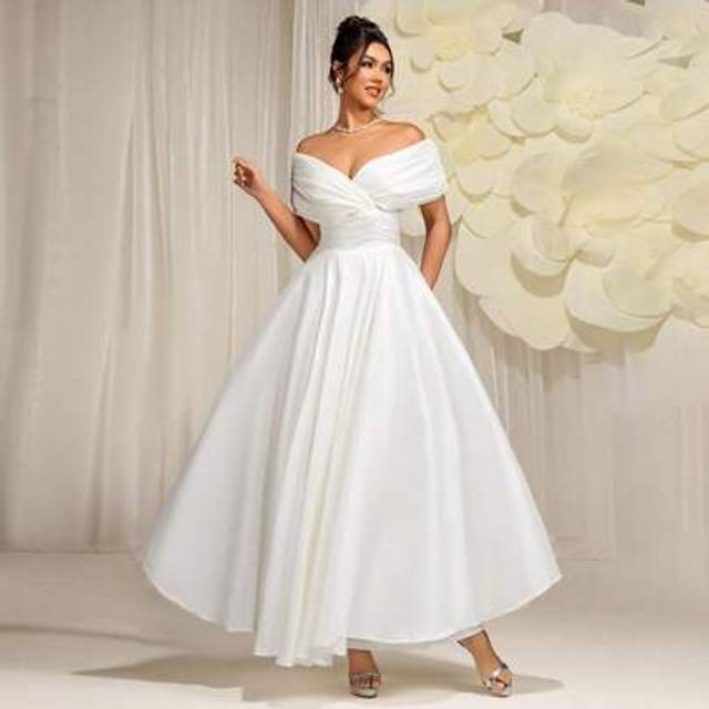 SHEIN Elegant Summer Pure White Off-Shoulder Swing Summer Wedding Dress, Suitable For Wedding, Prom, Birthday, Party,Bride