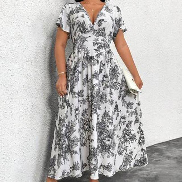 SHEIN Plus Size Women Elegant Casual Modest Graphic Print V-Neck Flutter Sleeve Belted Dress, Summer