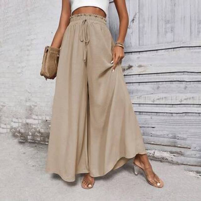 SHEIN Khaki Wide-Leg Casual Pants With Bow Tie At Waist