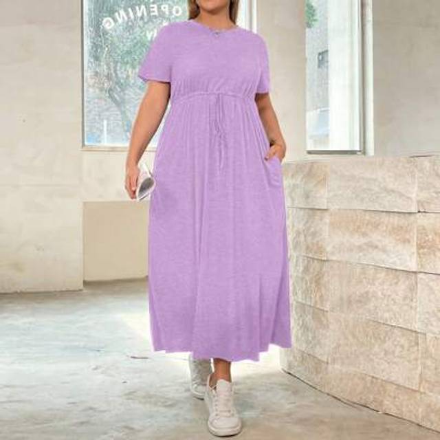SHEIN Plus Size Women&#39;s New Summer Fashion Casual Solid Color Waist Strap A Hem (With Pockets) Long Short-Sleeved Dress