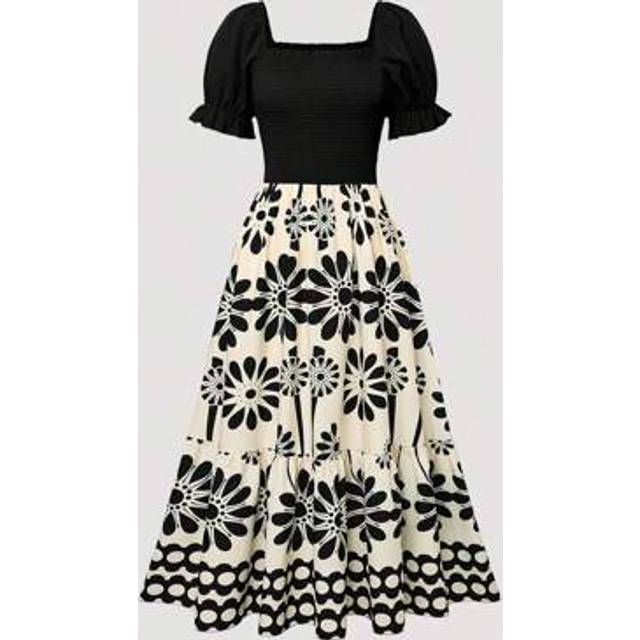 SHEIN Ladies Floral Bright Print Waist Splicing Vacation Dress, Summer