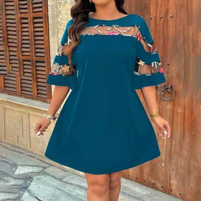 SHEIN Plus Size Asymmetrical Mesh Patchwork Soft Knit Boat Neck Casual Loose T-Shirt Dress, Suitable For Outgoing, Holiday, And Commute