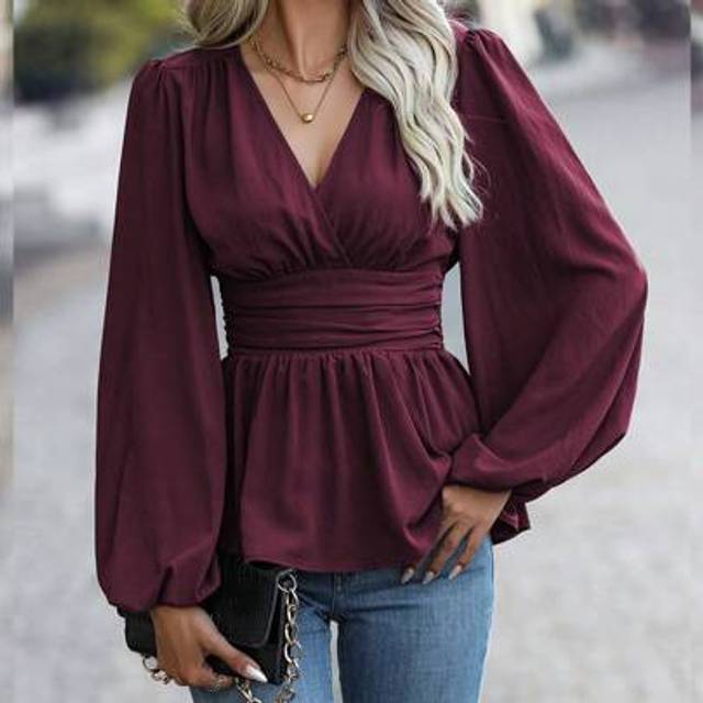 SHEIN Ladies&#39; Pleated Lantern Sleeve Blouse Peplum Top Fall Cloth For Women