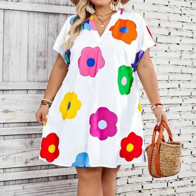 SHEIN Plus Size Women Casual Floral Print V-Neck Loose Tunic Dress,Curve Plus ,Hoho VacationbeachÂOutfitsÂForÂWoman/BeachÂDress/BeachÂVacationÂOutfits