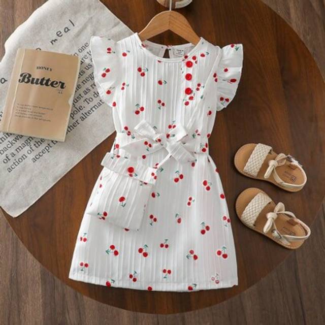 SHEIN Young Girl&#39; Sweet Cherry & Wave Print Ruffle Trim Round Neck Sleeveless Mini Dress With Belt And Bag, Vacation Wear
