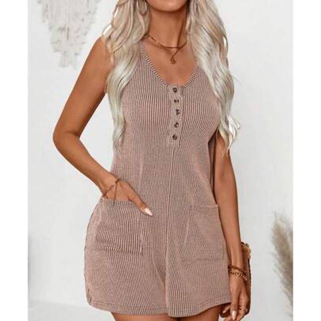 SHEIN Summer Rompers For Women Solid Color Sleeveless Ribbed Casual Jumpsuit With Pockets