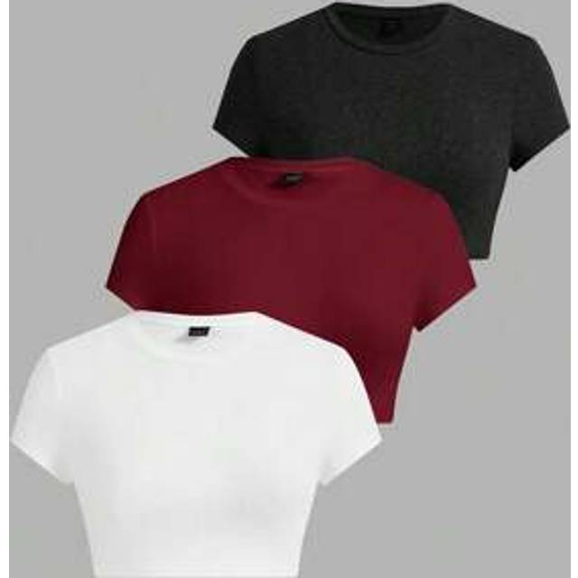 SHEIN 3pcs/Set Women Casual Simple Black, White, Wine Red Crop Round Neck T-Shirts, Summer