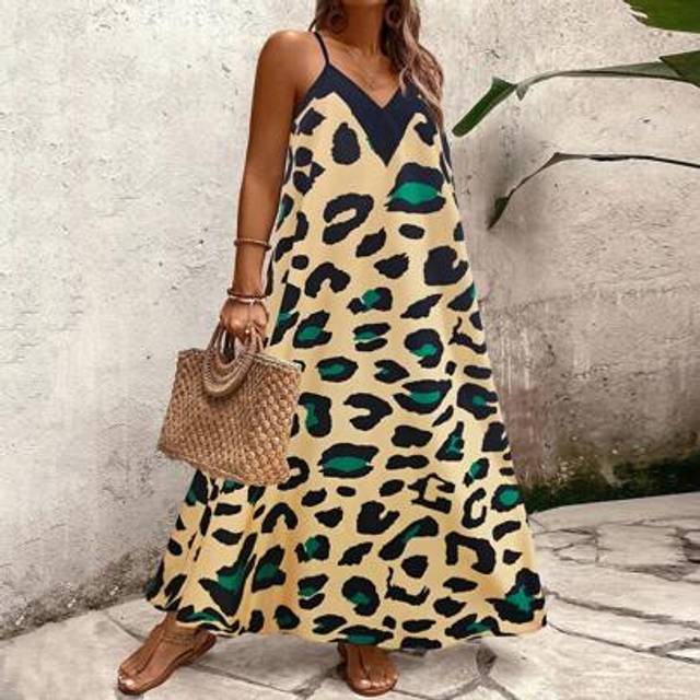 SHEIN Plus Size Women Leopard Print Loose Maxi Slip Dress, Summer
