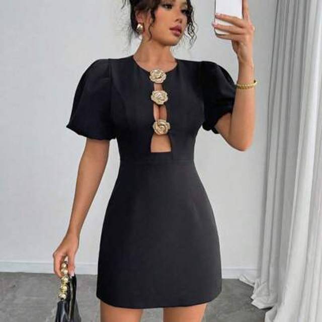 SHEIN Hollow Floral Decorative Zip-Up Puff Sleeve Round Neck Woven Short Shift Dress