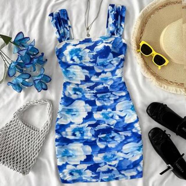 SHEIN Teen Girls Blue & White Floral Print Square Neck Ruched Bodycon Summer/Spring Dress, Suitable For Vacation, School, Date, Party