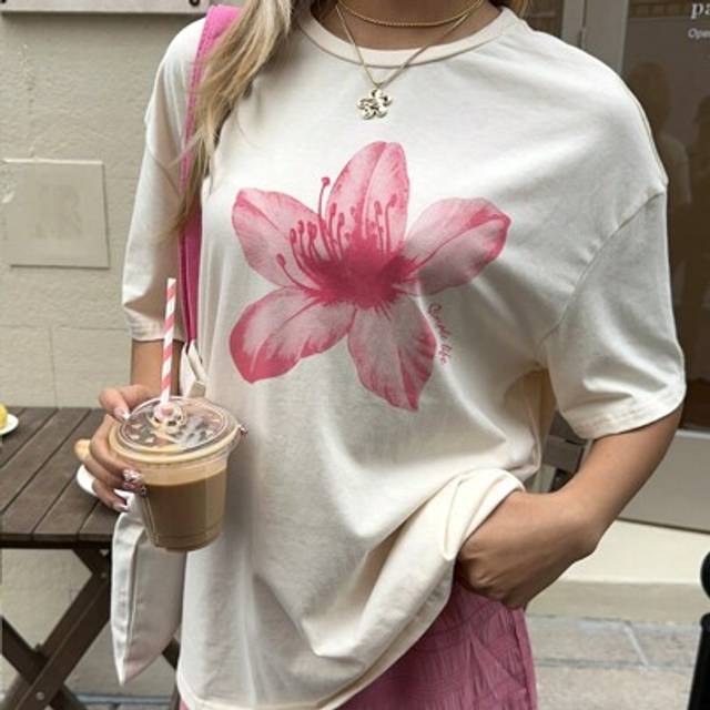 SHEIN Oversized Casual Pink Tropical Floral Pattern Round Neck Short Sleeve Loose T-Shirt For Women