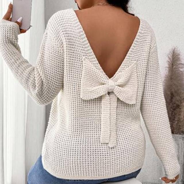 SHEIN Plus Size Women&#39;s Solid Color Bowknot Decorated Drop Shoulder Long Sleeve Pullover Sweater, Autumn