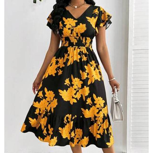 SHEIN Women&#39;s Wedding Guest Dress With Flower Print Lotus Leaf Sleeves Suitable For Daily Commuting, Work Party And Vacation.Elegant Dress