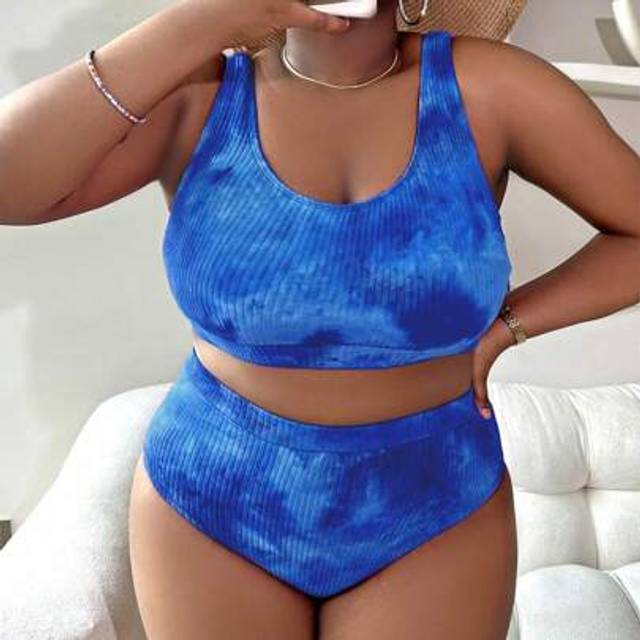 SHEIN 2pcs Plus Size Women Tie-Dye Print Split Bikini Set, Fashionable Casual Beach Swimwear