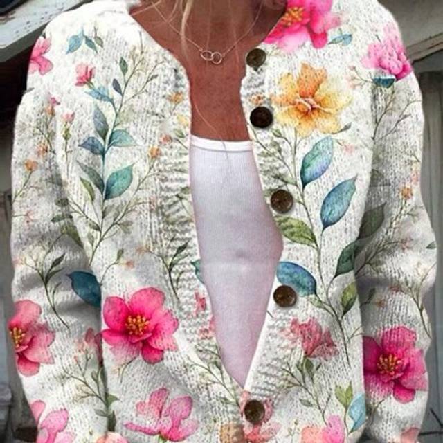 SHEIN New Women Button Printed Floral & Leaf Pattern Thin Round Neck Long Sleeve Casual Cardigans