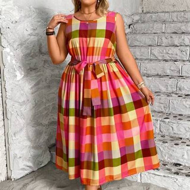 SHEIN Plus Size Women Casual Rainbow Plaid Linen Round Neck Sleeveless Belted Dress