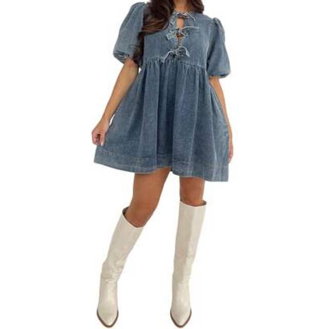 SHEIN Women Tie Front Denim Dress Round Neck Puff Sleeve Casual A-Line Mini Jean Dress With Pockets