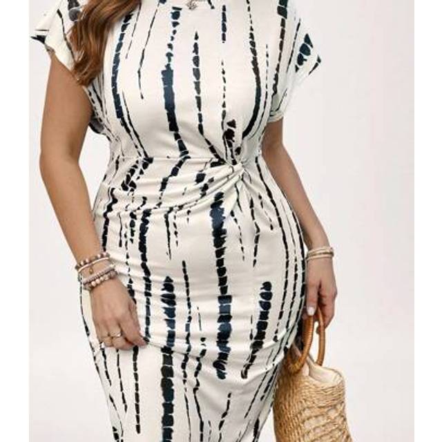 SHEIN Plus-SizeWomen Summer Clothes Printed Round Neck Waist Twist Design Waist Slimming Wedding Guest Dress Women Dress
