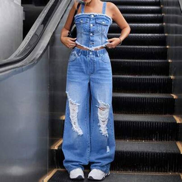 SHEIN Teen Girl Casual Fashion Washed Blue Denim 2pcs Outfit Set