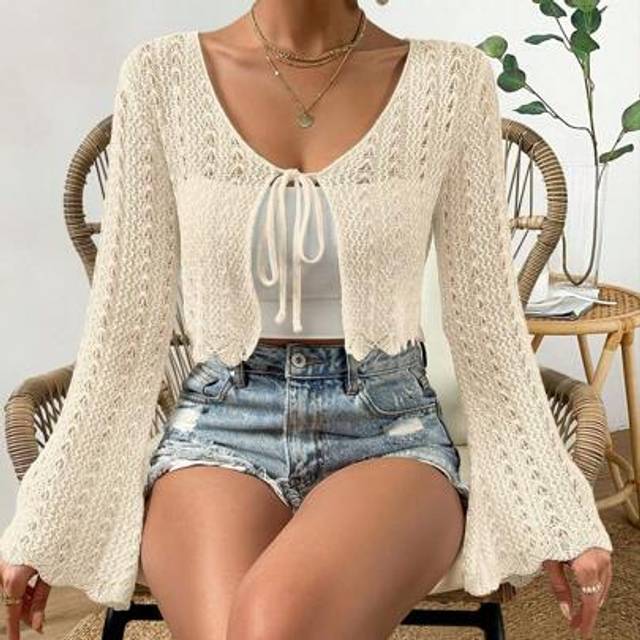 Breezaya Women&#39;s Solid Color Hollow Out Tie Front Long Sleeve Casual Cardigan