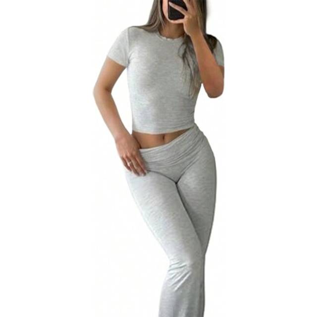 INAWLY 2pcs/Set Women Casual Round Neck Short Sleeve Top And Long Pants Set