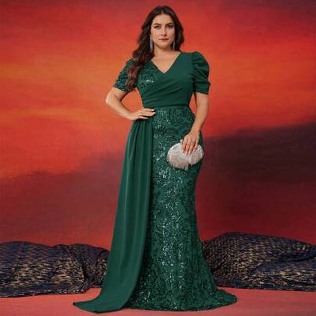 SHEIN Plus Size Women Elegant Contrast Sequins Fitted V-Neck Short Sleeve Charming Cocktail Party Evening Formal Dress, Mother Of The Bride Gown, Wedding Gu