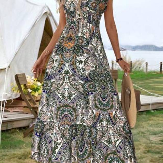 SHEIN Paisley Print Drawstring Waist High-Low Hem Women&#39;s Dress, Suitable For Holiday/Resort, Spring/Summer Rave Outfits Festival Coachella