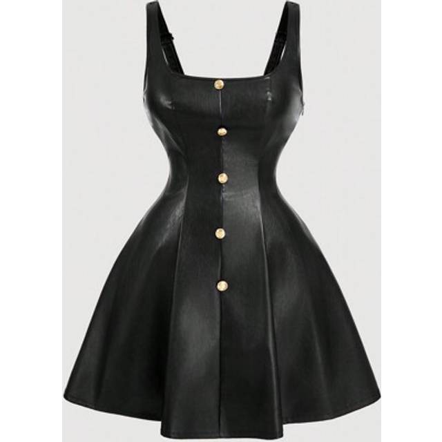 SHEIN Plus Size Summer Black PU Front Metal Button Slip Dress, Back To School, Mini Dress, Concert Rave Festival Outfits,New Year,Valentine