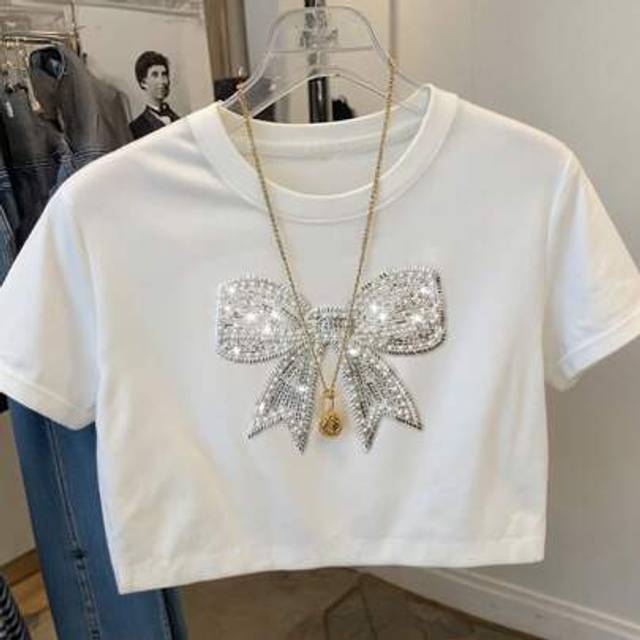 SHEIN Elegant Bow & Sequin Embroidery Cropped Round Neck T-Shirt For Women