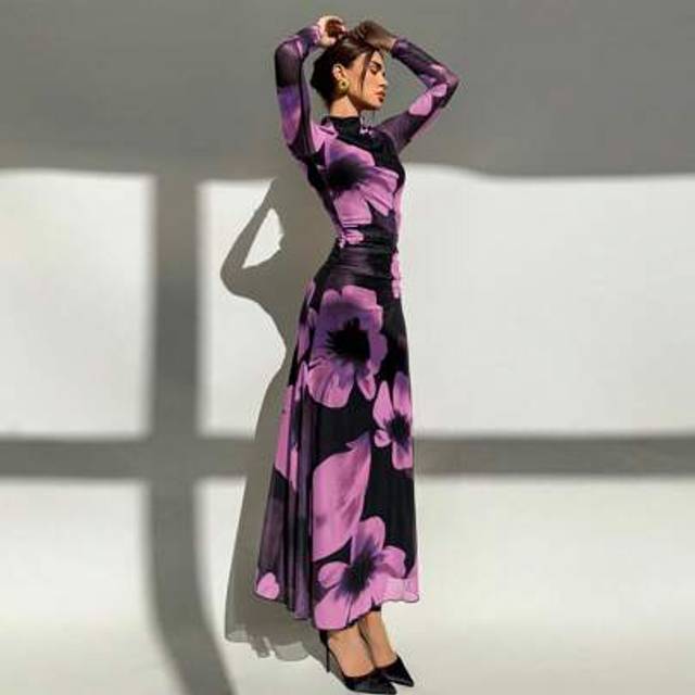 Aloruh New Red Tie Dye Floral Print Mesh Long Sleeve Fitted Party Dress, Suitable For Holiday Season