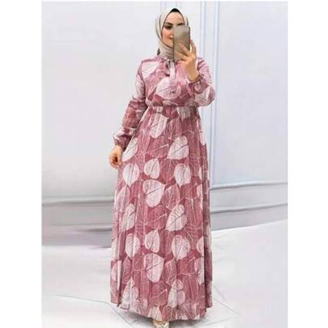 SHEIN Front Lace-Up Long Sleeve Casual Plant Print Loose Simple Dress, Modest